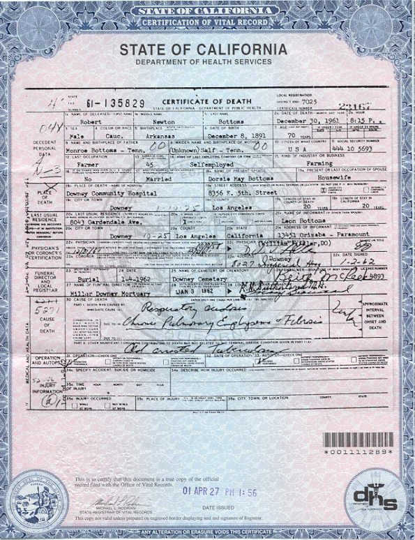 Robert Newton Bottoms Death Certificate