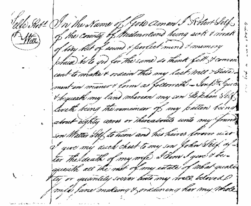 First part of the Will of "Olde" Robert Selfe